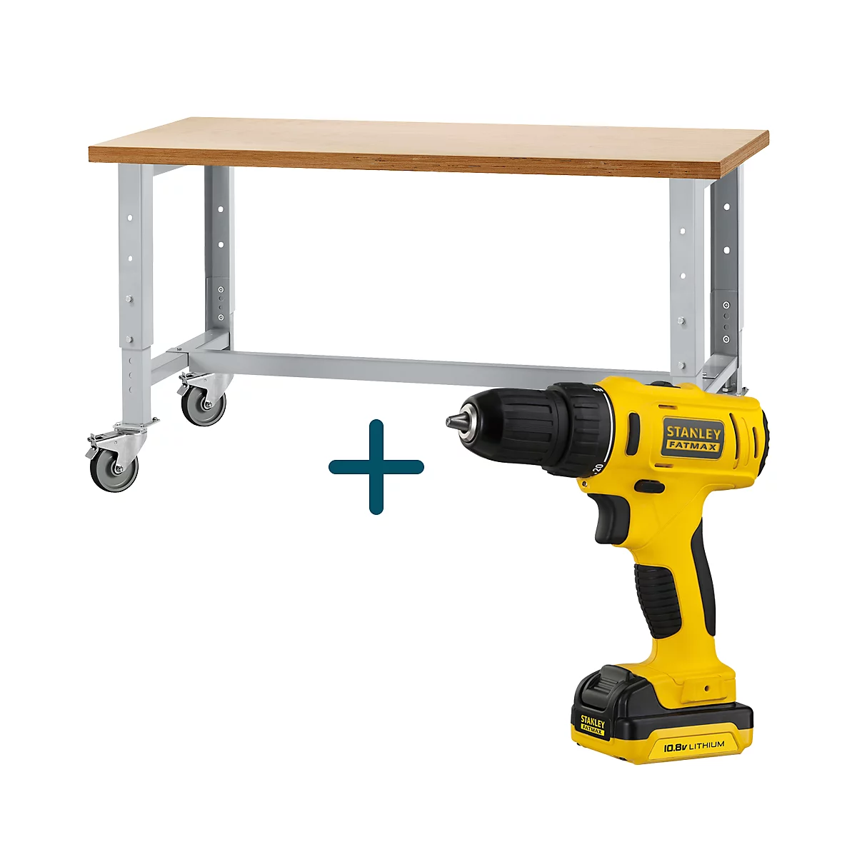Werkbank mit Holzplatte und Akku-Bohrschrauber in gelb und schwarz.