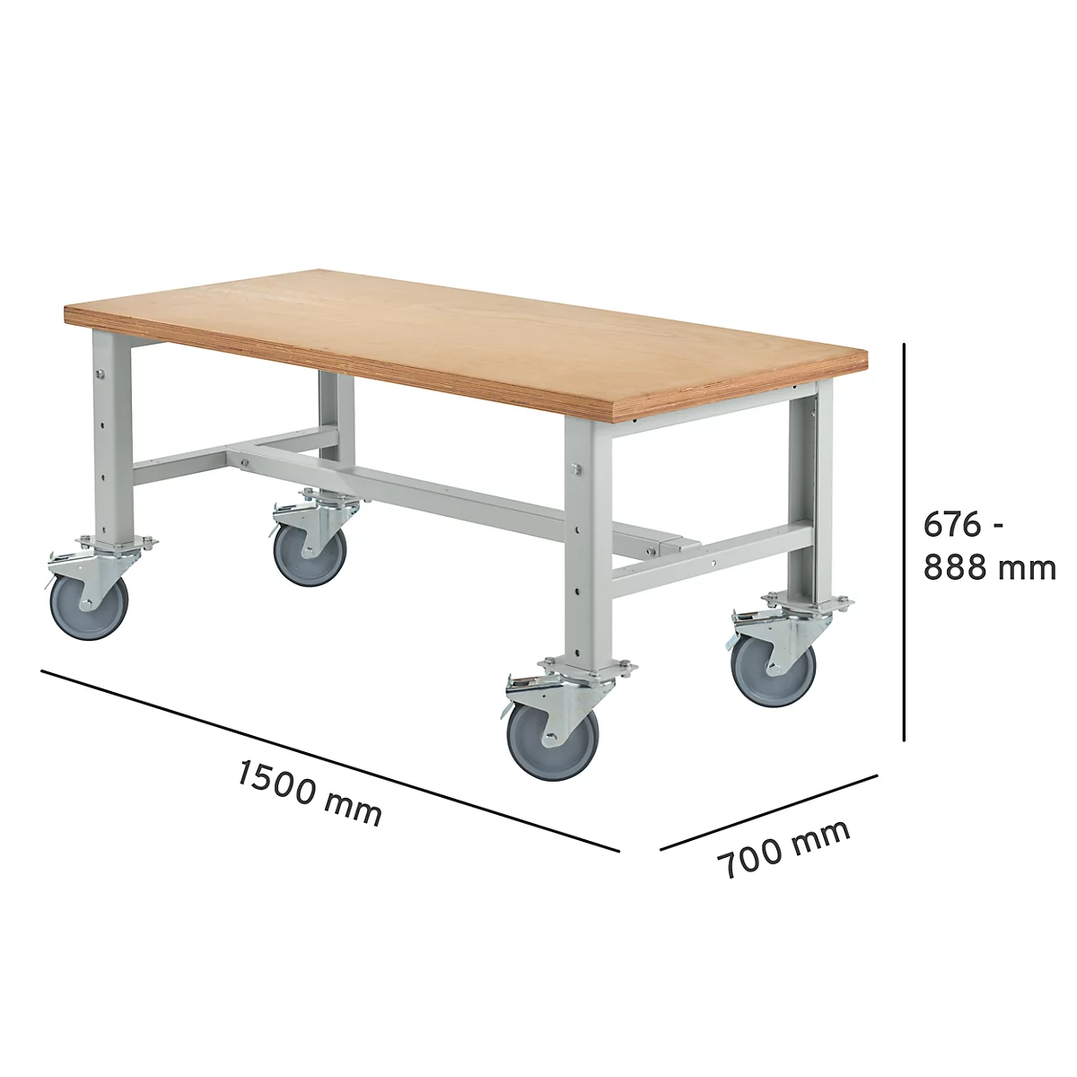 Schäfer Shop Select Werkbank, verrijdbaar, B 1500 x D 700 x H 676-888 mm, in hoogte verstelbaar, lichtgrijs