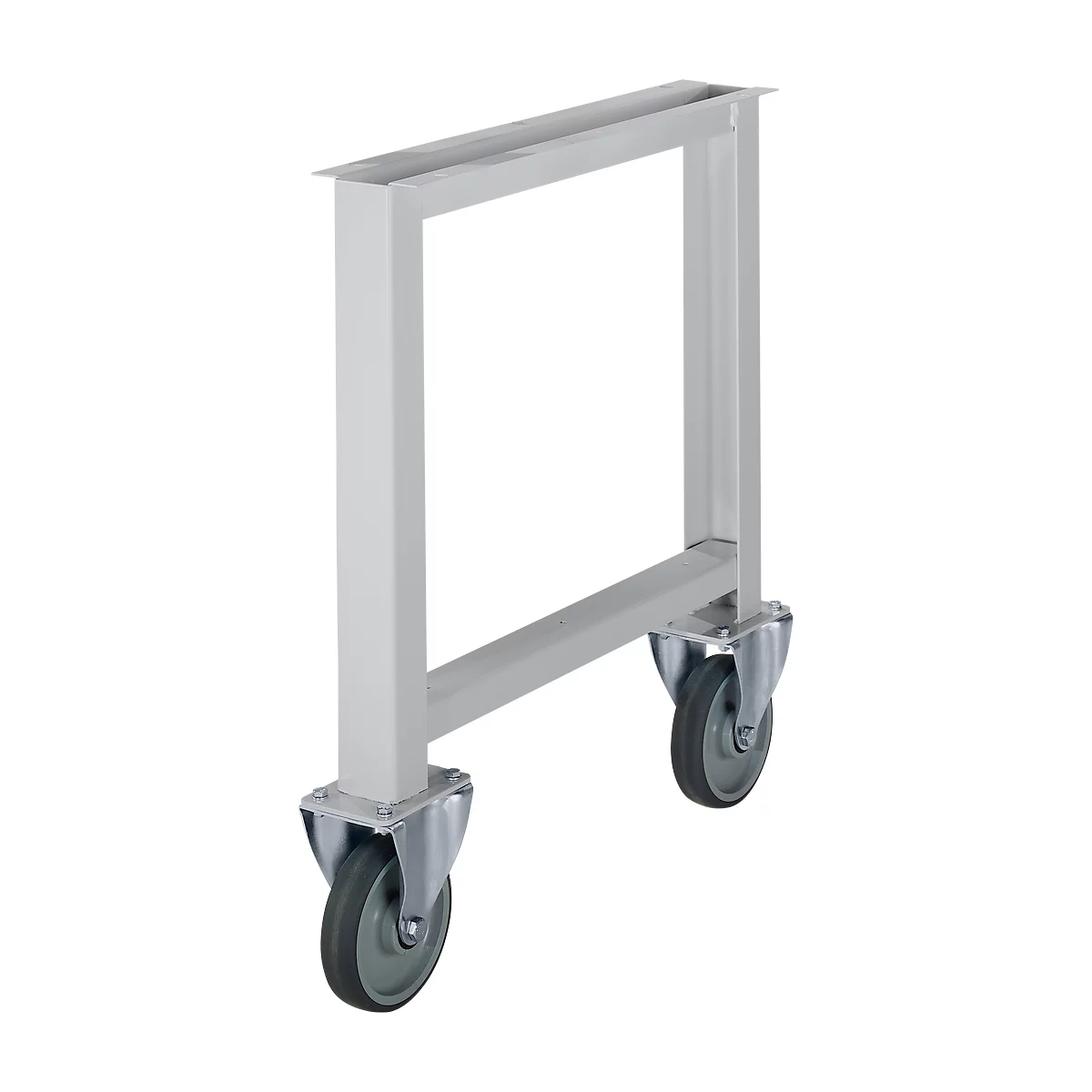 Grijs metalen frame met wielen. Rechthoekige vorm met twee wielen aan de onderkant en twee voeten aan de bovenkant.