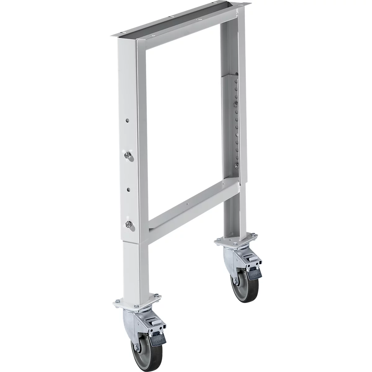 Een wit frame met rollers. Het heeft een rechthoekige vorm met een bovenste dwarsbalk en twee verticale steunen die eindigen in rollers.