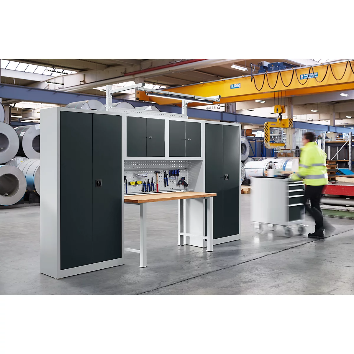 Schäfer Shop Select werkplaatskastsysteem, B 3100 x D 700 x H 2345 mm, multiplexplaat, blank aluminiumkleurig RAL RAL 9006/antracietgrijs RAL 7016