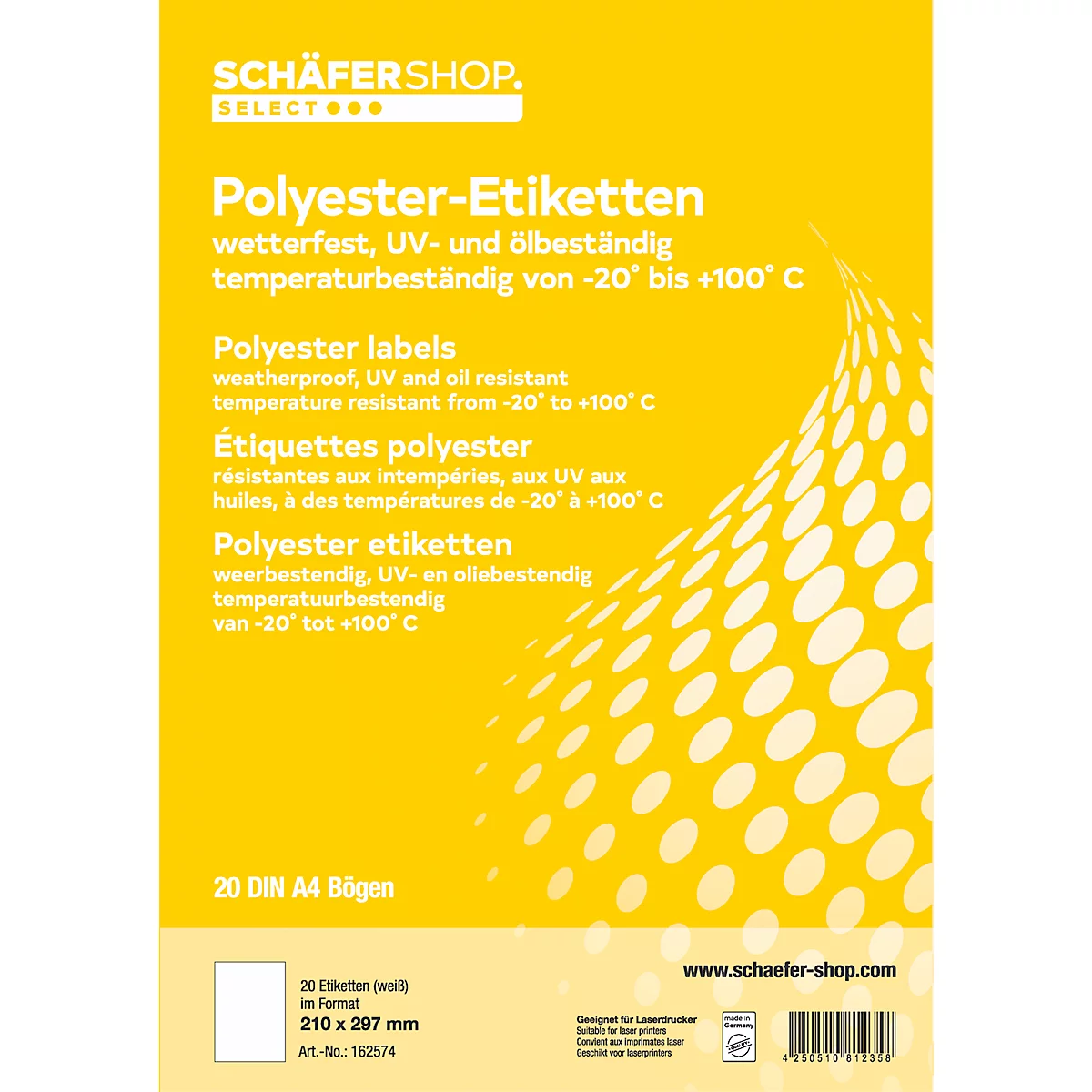 Schäfer Shop Select Wetterfeste Etiketten, 210 x 297 mm, Polyester weiß, 20 Blatt