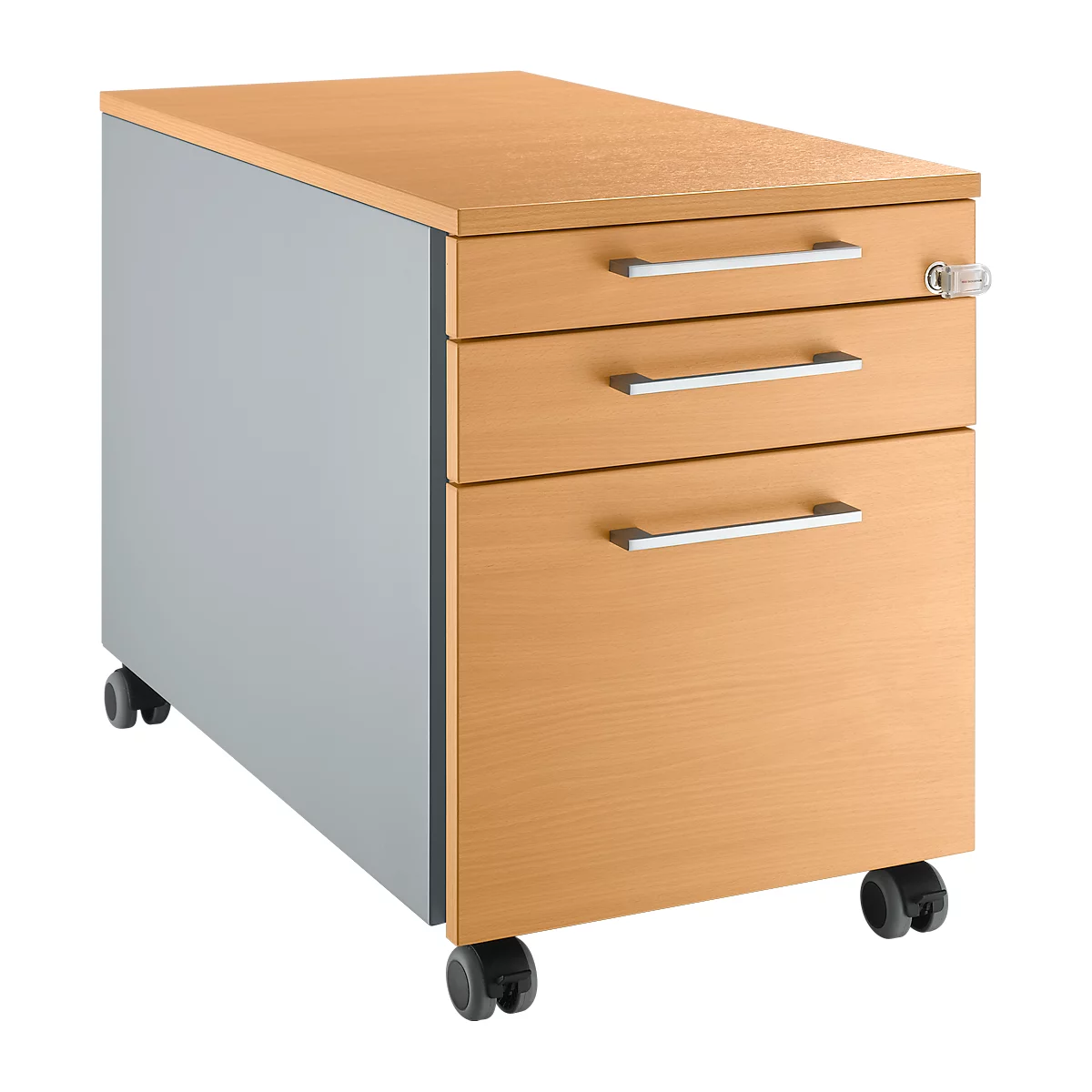 Mobile pedestal with wooden front, silver side, three drawers with silver handles. On castors.