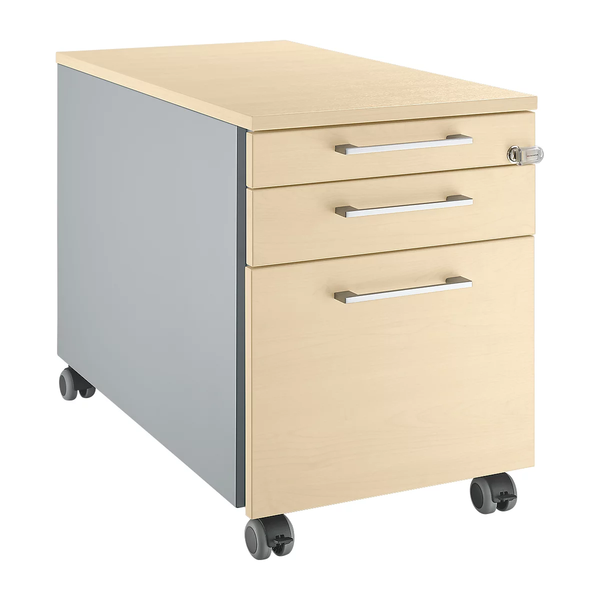 Beige and gray mobile pedestal with three drawers, silver handles, and wheels.