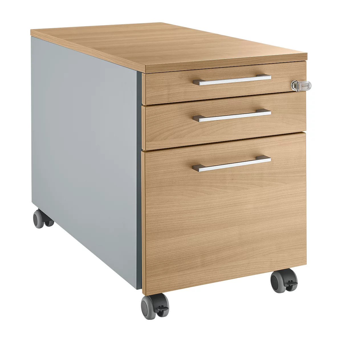 Light brown rectangular mobile pedestal with three drawers and silver handles. It stands on grey castors.