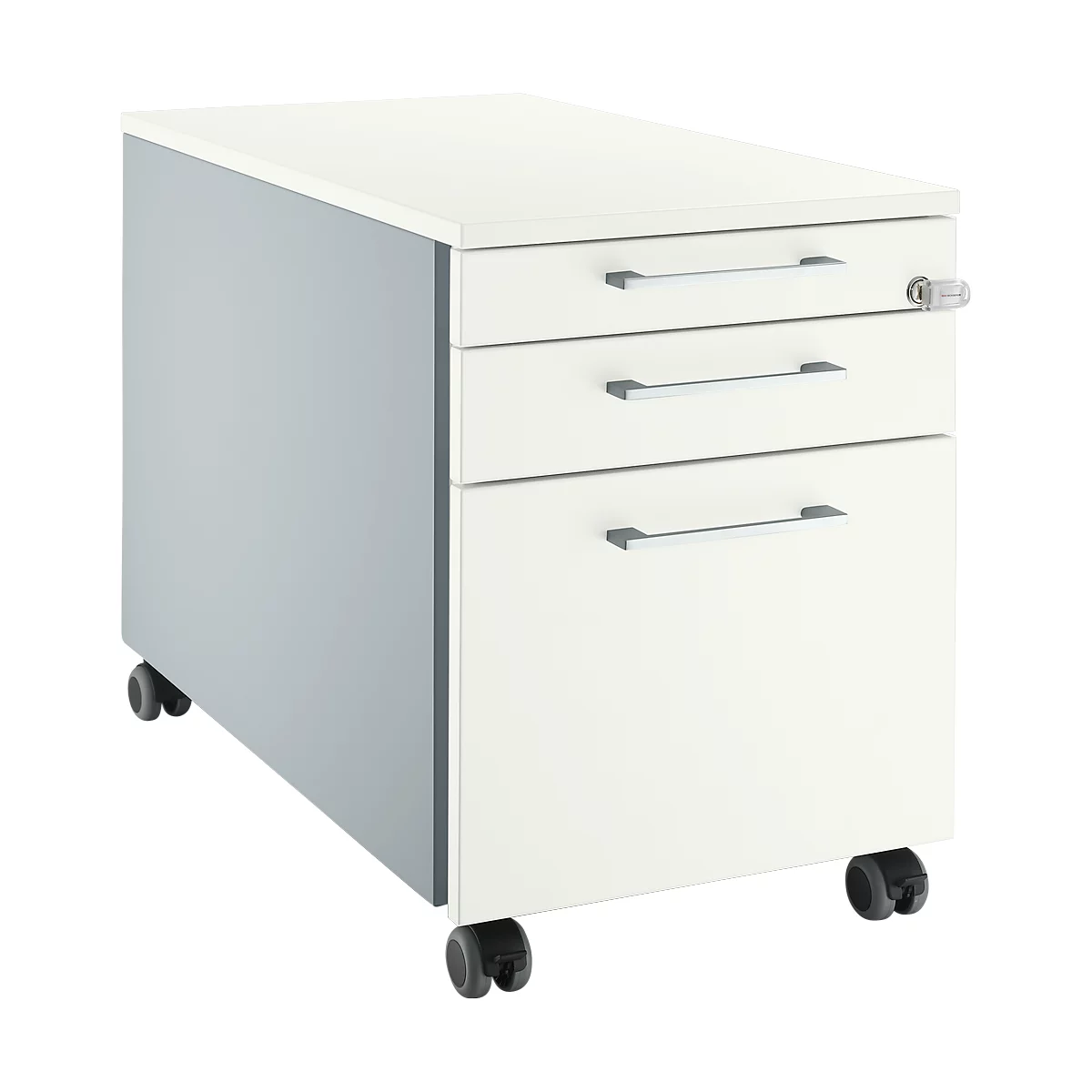 White mobile pedestal with three drawers, silver handles and wheels. A gray side panel and a lock.