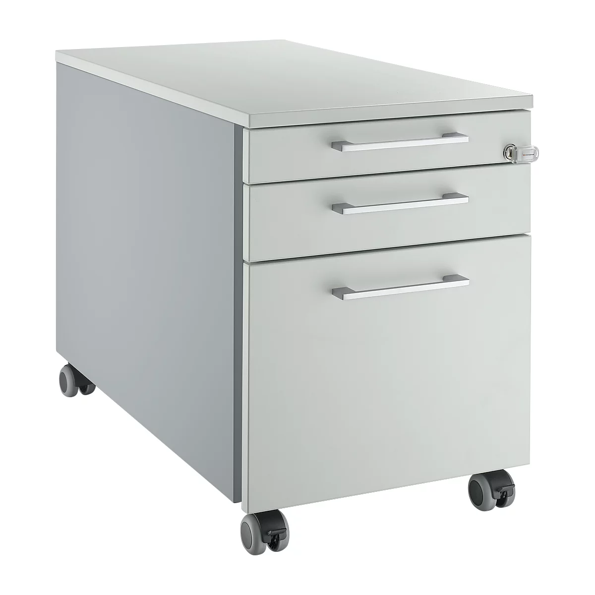 Light gray three-drawer mobile pedestal with silver handles and lock, stands on casters.
