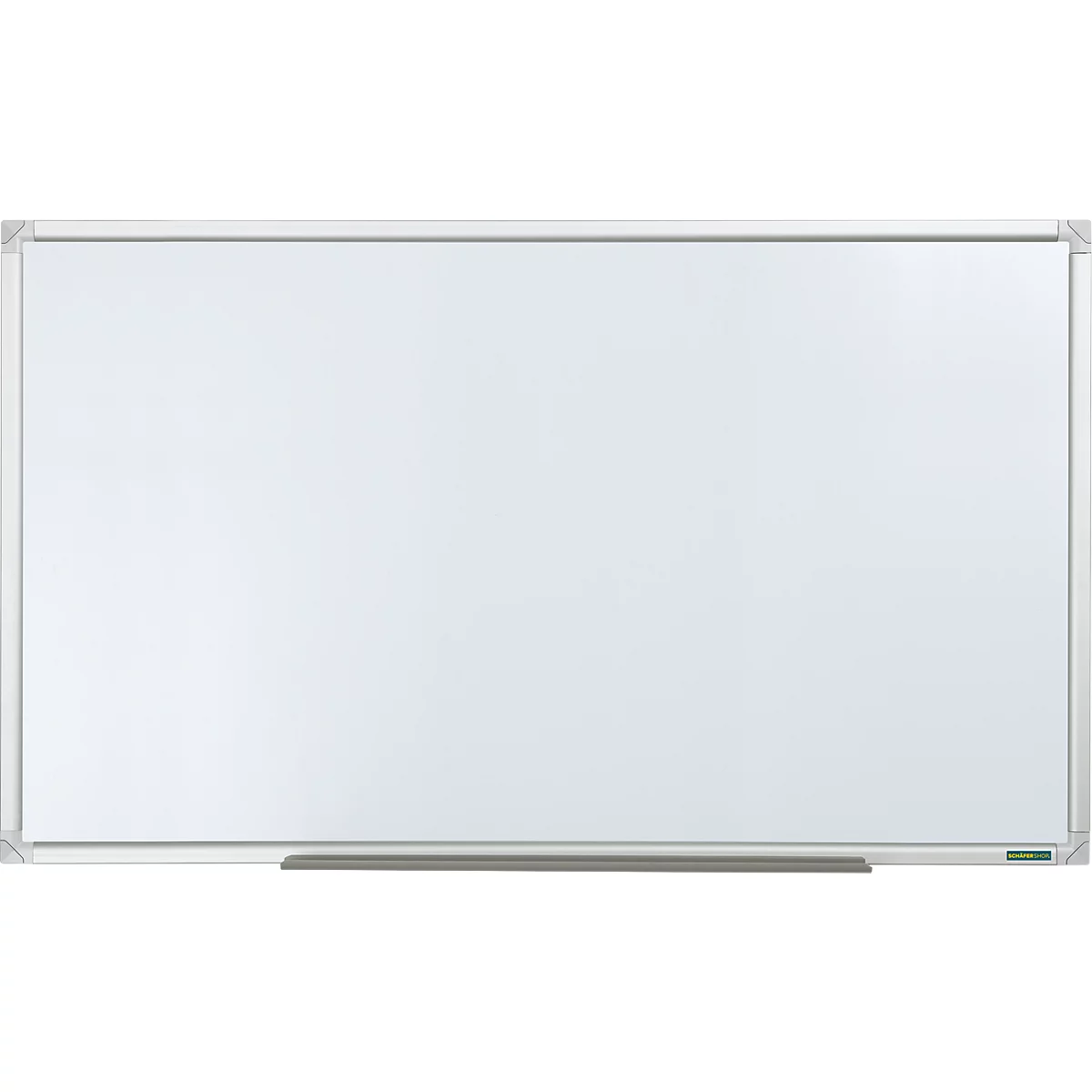 Rechteckiges Whiteboard mit glatter, weißer Schreibfläche und silbernem Metallrahmen.