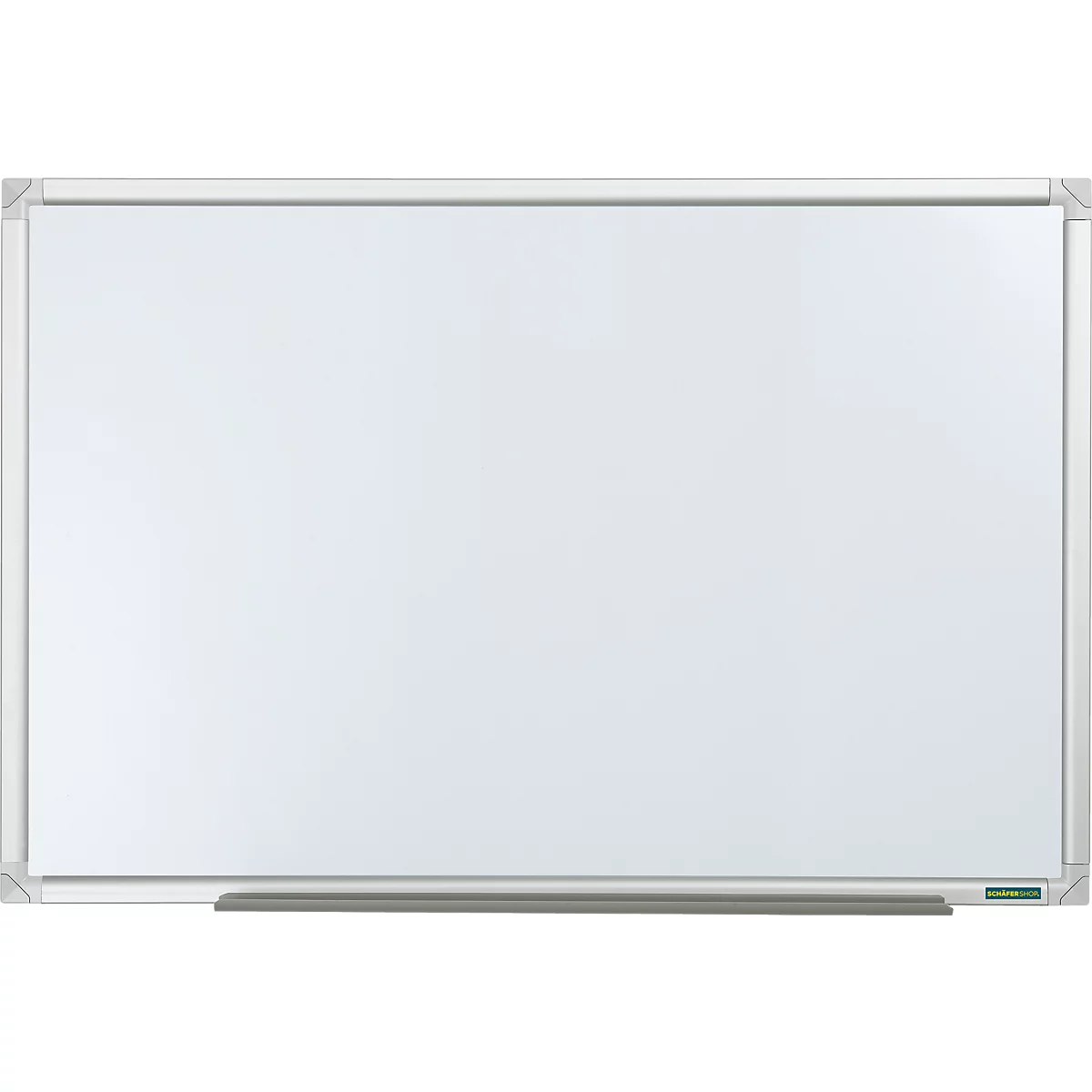 Rechteckiges Whiteboard mit glatter, weißer Oberfläche und einem silbernen Aluminiumrahmen.