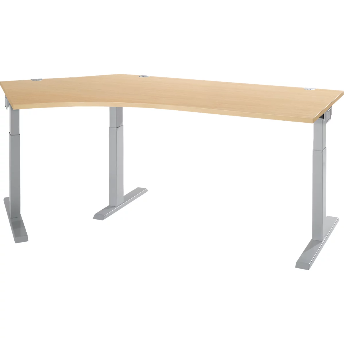 Schäfer Shop Select Winkelschreibtisch ERGO-T 2.0, 135° Winkel, Ansatz links, T-Fuß, B 2165 x T 800 x H 675-895 mm, Ahorn/weißalu