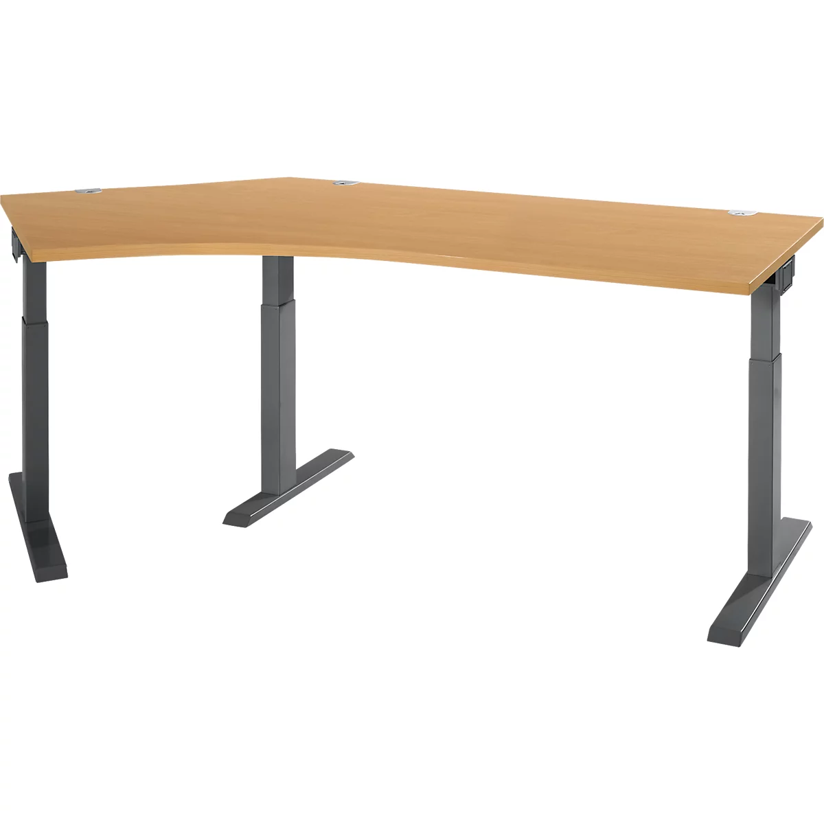Schäfer Shop Select Winkelschreibtisch ERGO-T 2.0, 135° Winkel, Ansatz links, T-Fuß, B 2165 x T 800 x H 675-895 mm, Buche/anthrazit