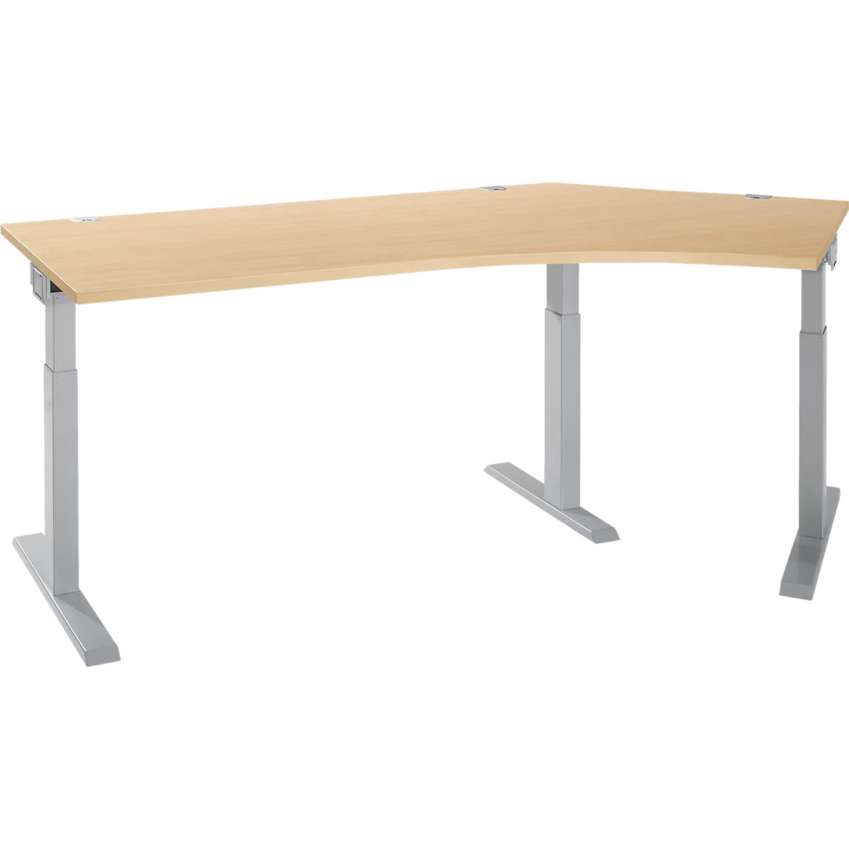 Schäfer Shop Select Winkelschreibtisch ERGO-T 2.0, 135° Winkel, Ansatz rechts, T-Fuß, B 2165 x T 800 x H 675-895 mm, Ahorn/weißalu