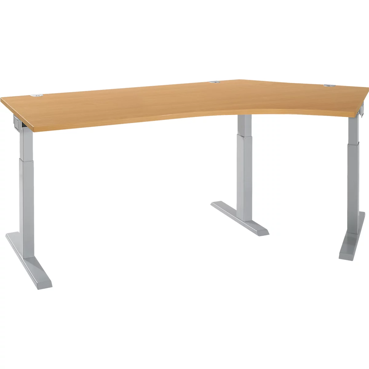 Schäfer Shop Select Winkelschreibtisch ERGO-T 2.0, 135° Winkel, Ansatz rechts, T-Fuß, B 2165 x T 800 x H 675-895 mm, Buche/weißalu