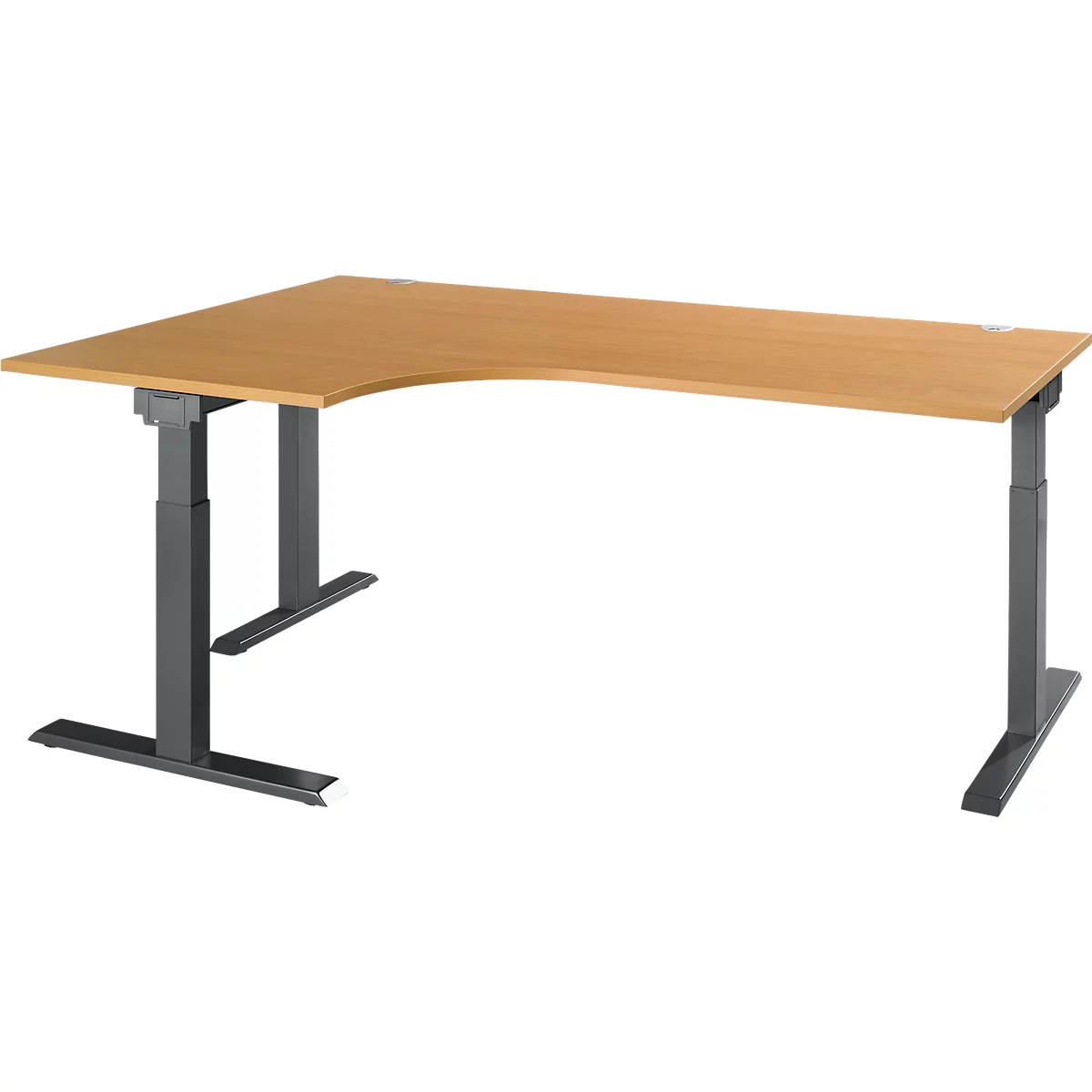 Schäfer Shop Select Winkelschreibtisch ERGO-T 2.0, 90° Winkel, Ansatz links, T-Fuß, B 2000 x T 1200/800 x H 675-895 mm, Buche/anthrazit