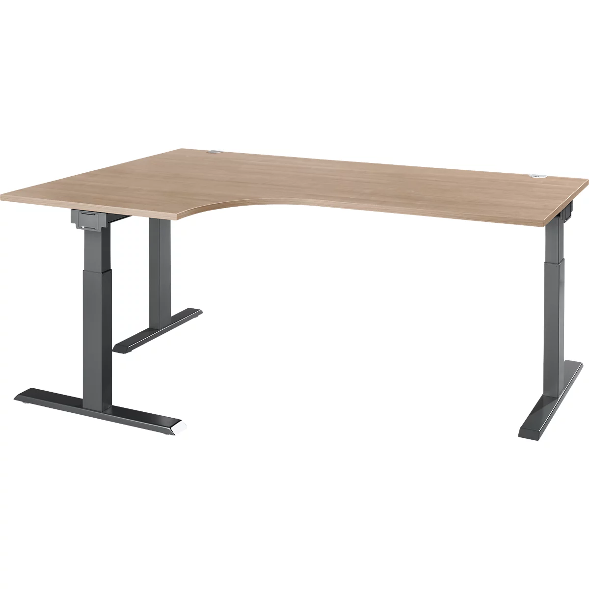 Schäfer Shop Select Winkelschreibtisch ERGO-T 2.0, 90° Winkel, Ansatz links, T-Fuß, B 2000 x T 1200/800 x H 675-895 mm, Eiche/anthrazit