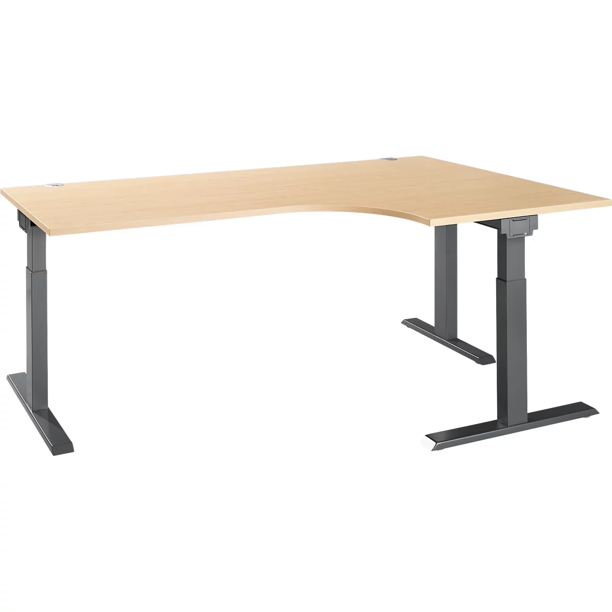 Schäfer Shop Select Winkelschreibtisch ERGO-T 2.0, 90° Winkel, Ansatz rechts, T-Fuß, B 2000 x T 1200/800 x H 675-895 mm, Ahorn/anthrazit