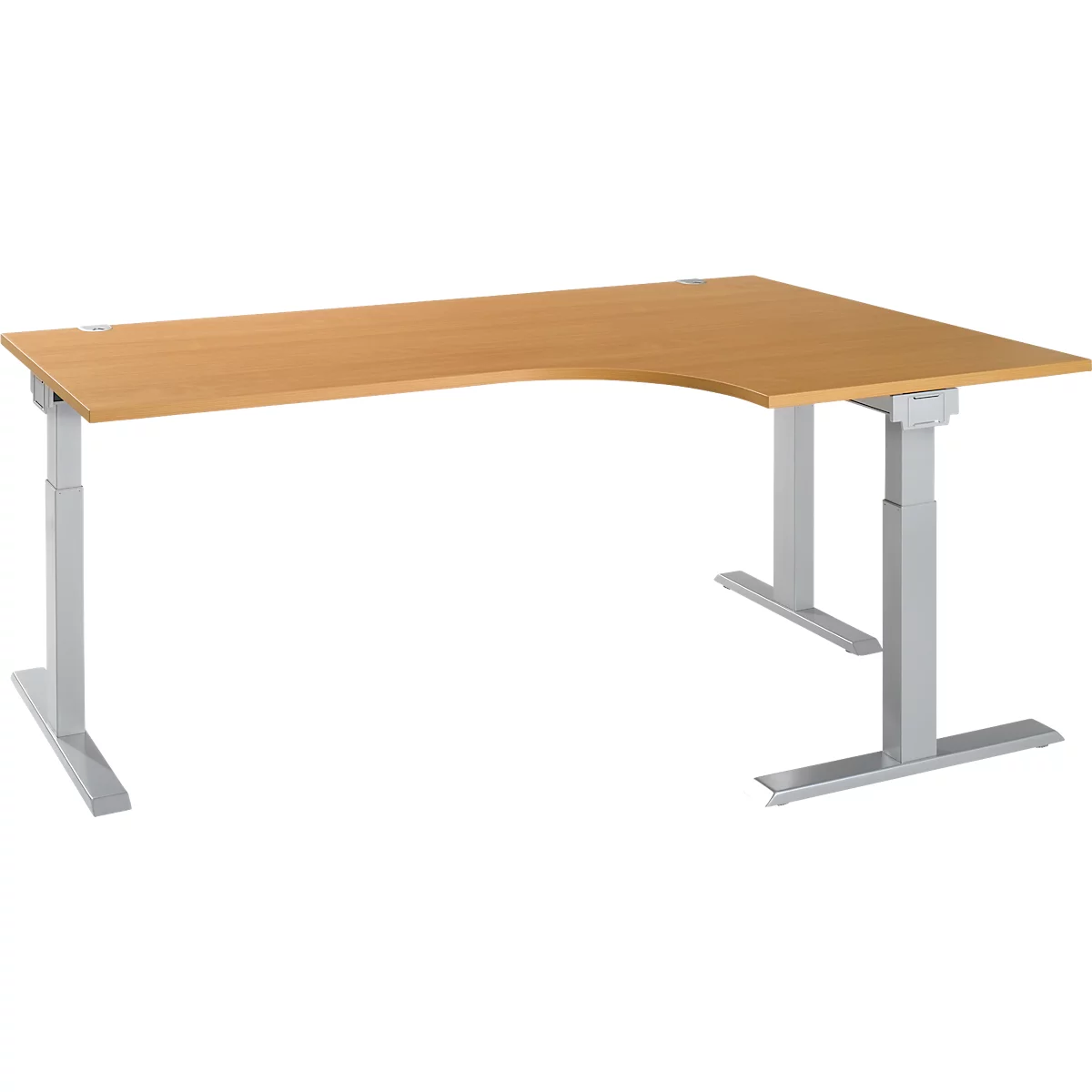 Schäfer Shop Select Winkelschreibtisch ERGO-T 2.0, 90° Winkel, Ansatz rechts, T-Fuß, B 2000 x T 1200/800 x H 675-895 mm, Buche/weißalu