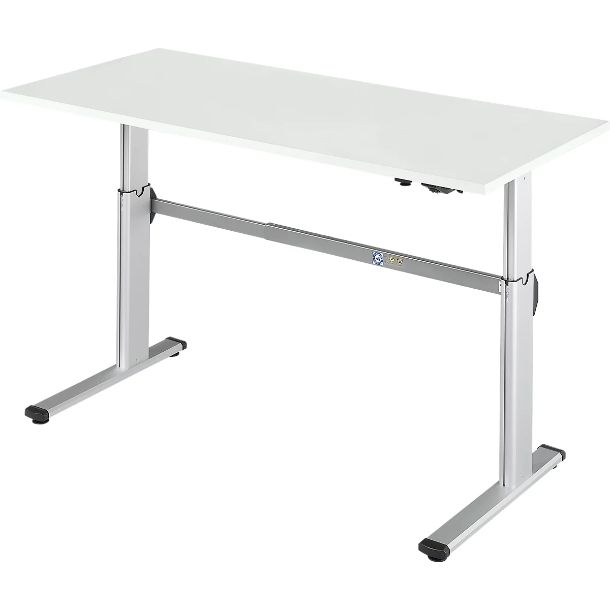 A white height-adjustable desk with silver legs and a stabilizing crossbar.