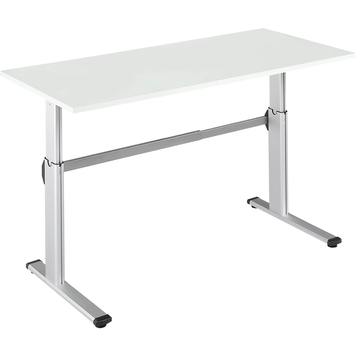 A white height-adjustable desk with silver legs. The tabletop is rectangular.