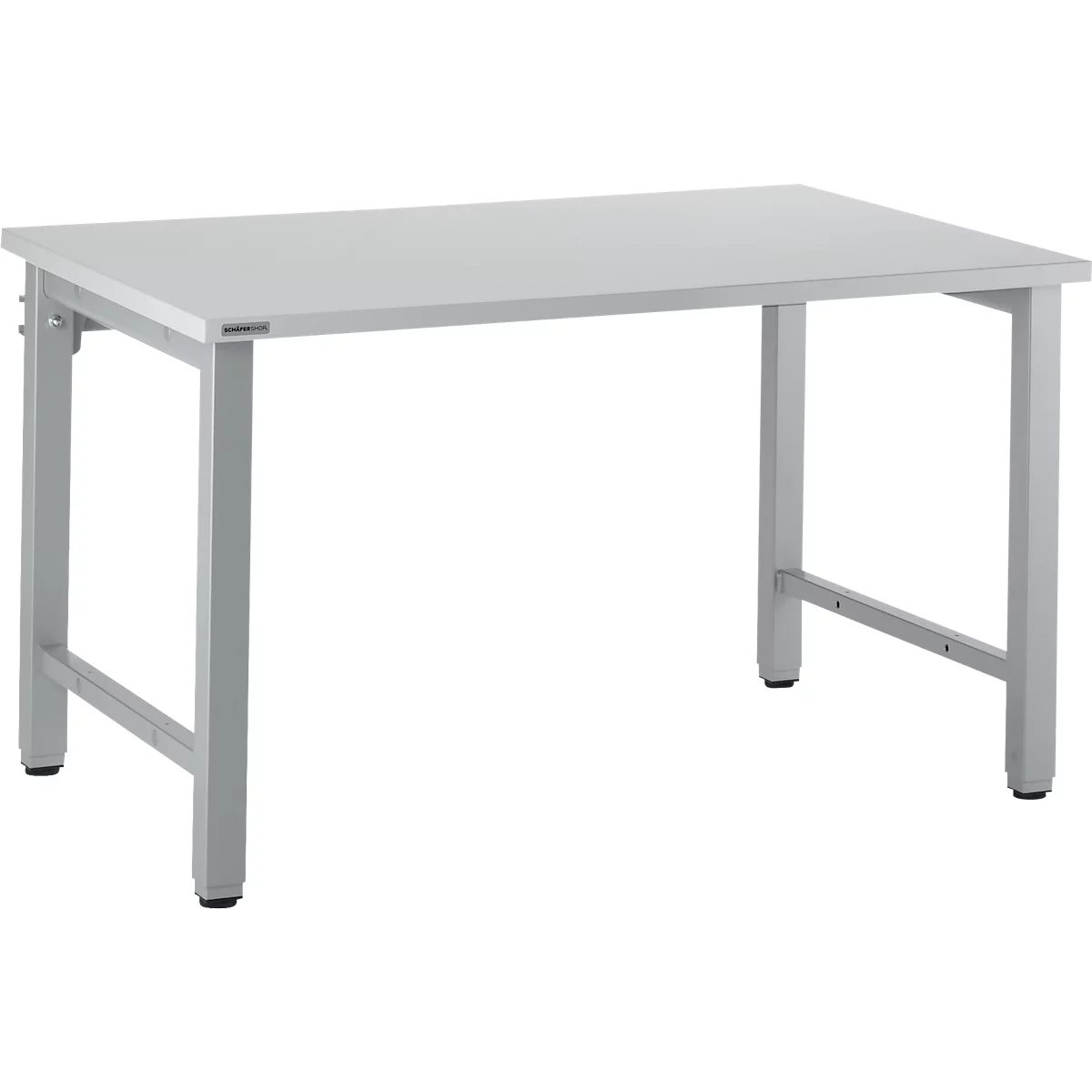 Gray rectangular table with metal legs, against a white background. The tabletop is smooth and level.