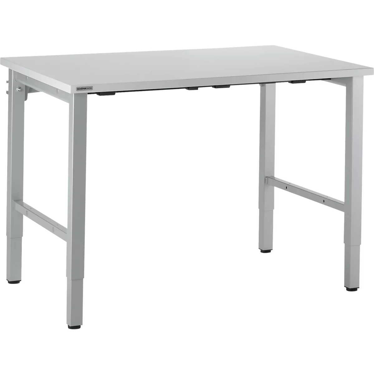 A light grey table with adjustable legs. Rectangular tabletop, metal frame.