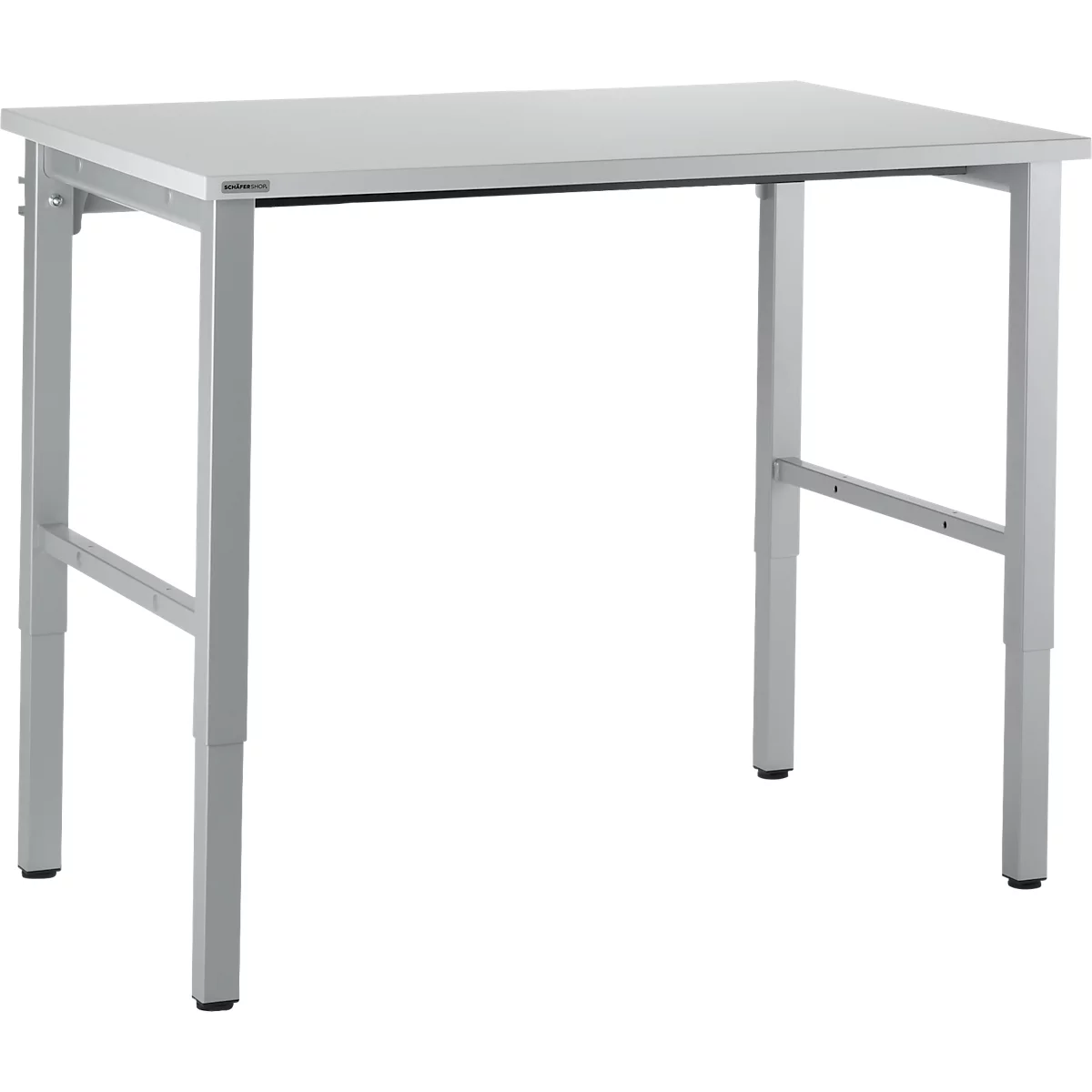 A silver rectangular table, with four legs and height-adjustable feet, against a white background.