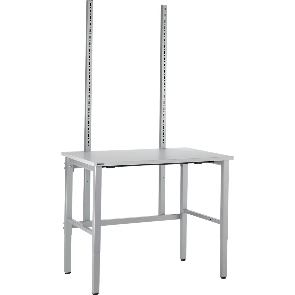 Gray work table with two vertical columns with numerous holes. Metal legs, rectangular table top.