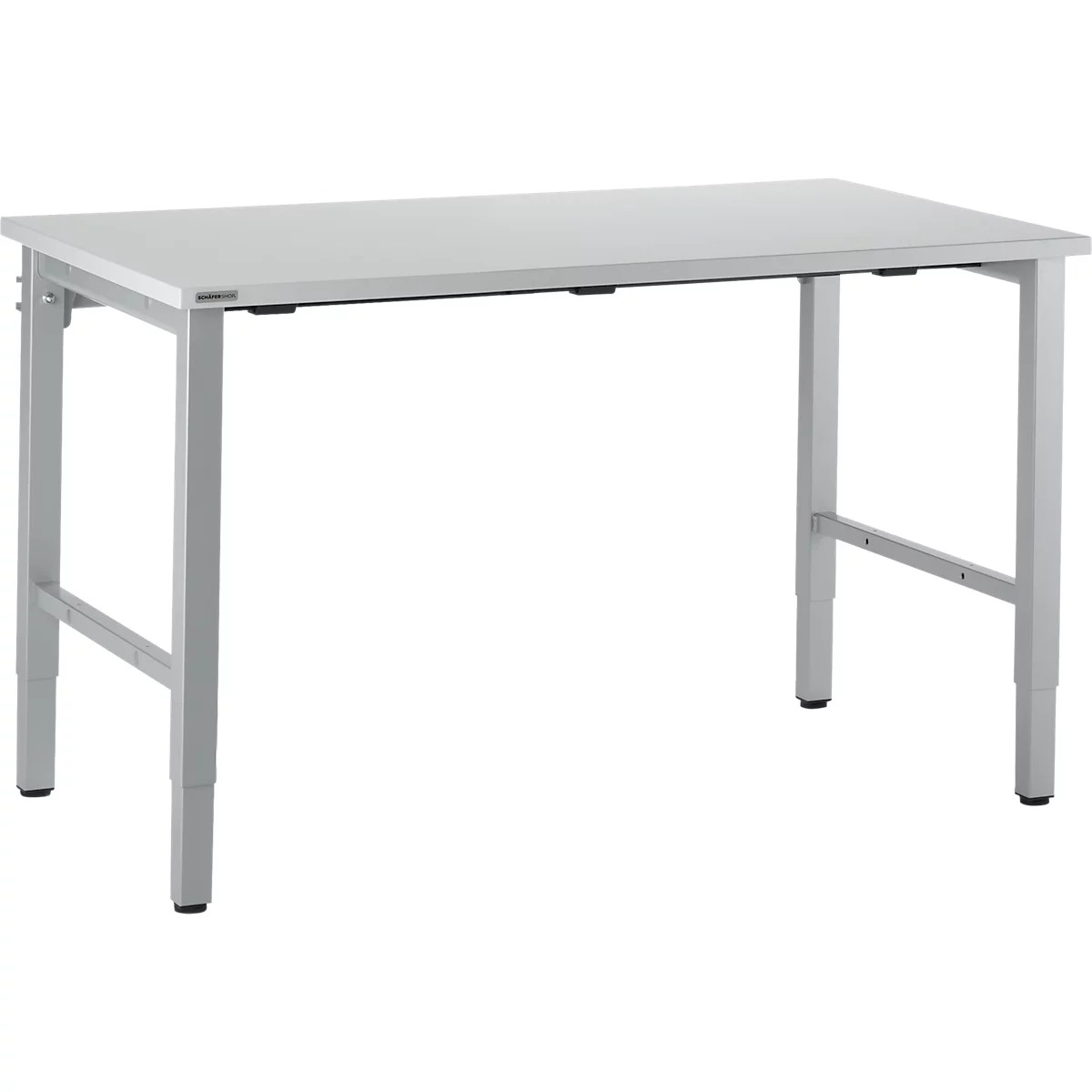 A white desk with metal legs, standing in front of a white background.