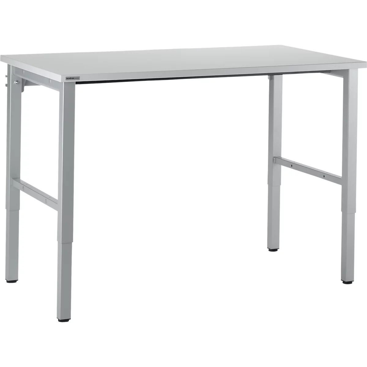 A white, rectangular desk with silver legs. The desk legs are height adjustable.