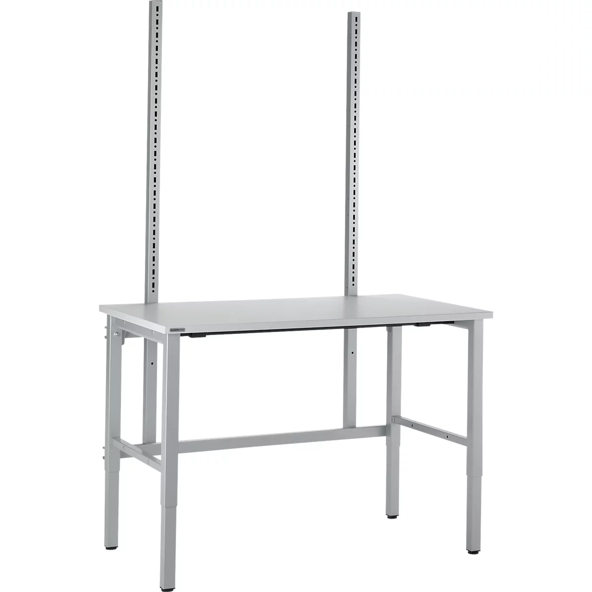 A grey workbench with two vertical holders. The table legs are height adjustable.