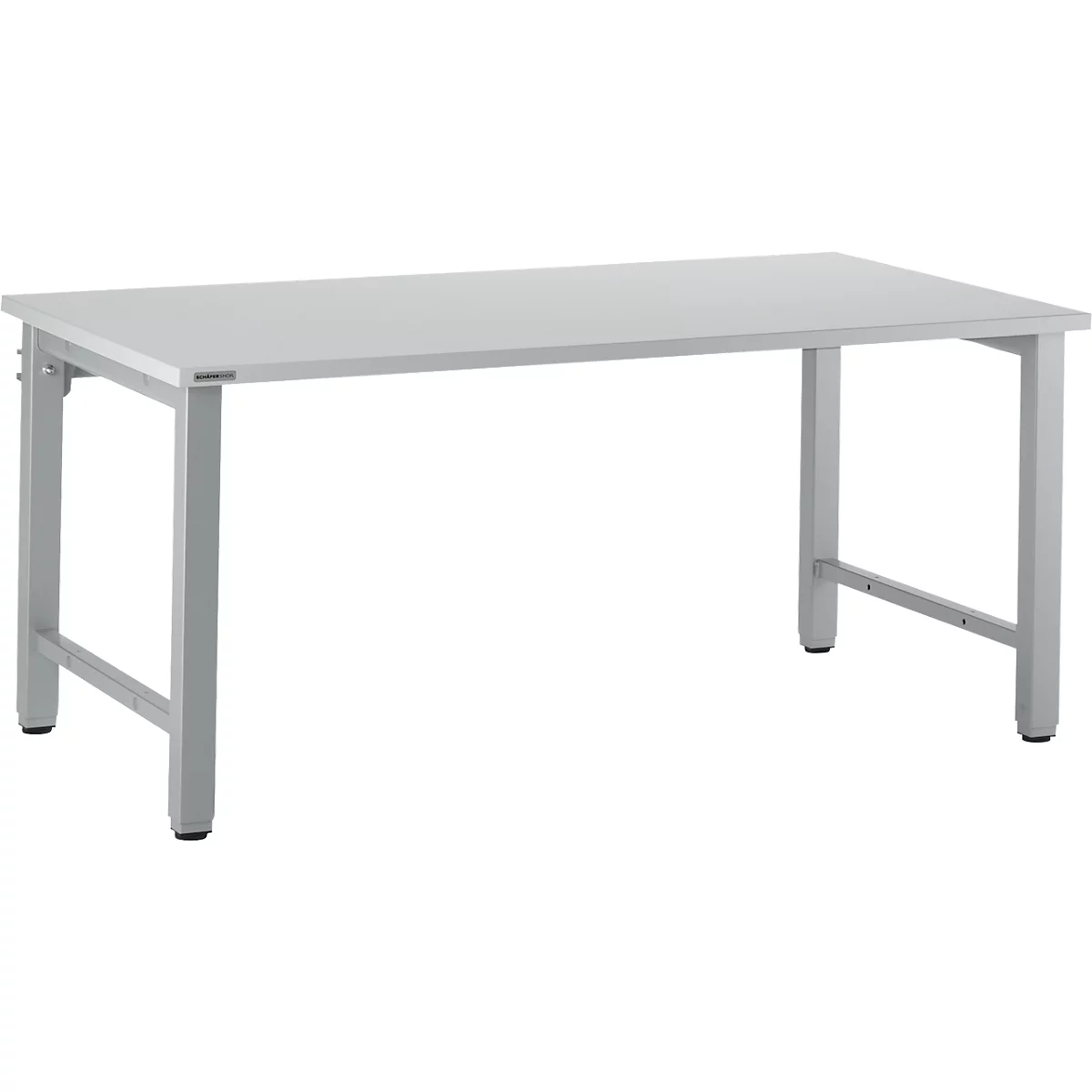 A rectangular, grey table with four legs. Tabletop and legs are made of metal. The table stands against a white background.