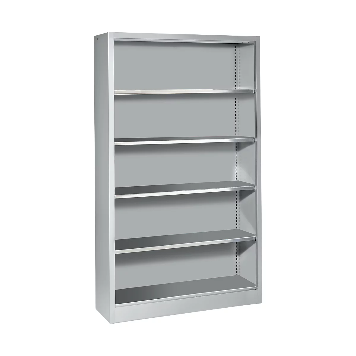 Graues Metallregal mit fünf Einlegeböden. Das Regal steht aufrecht und hat eine schlichte, funktionale Optik.