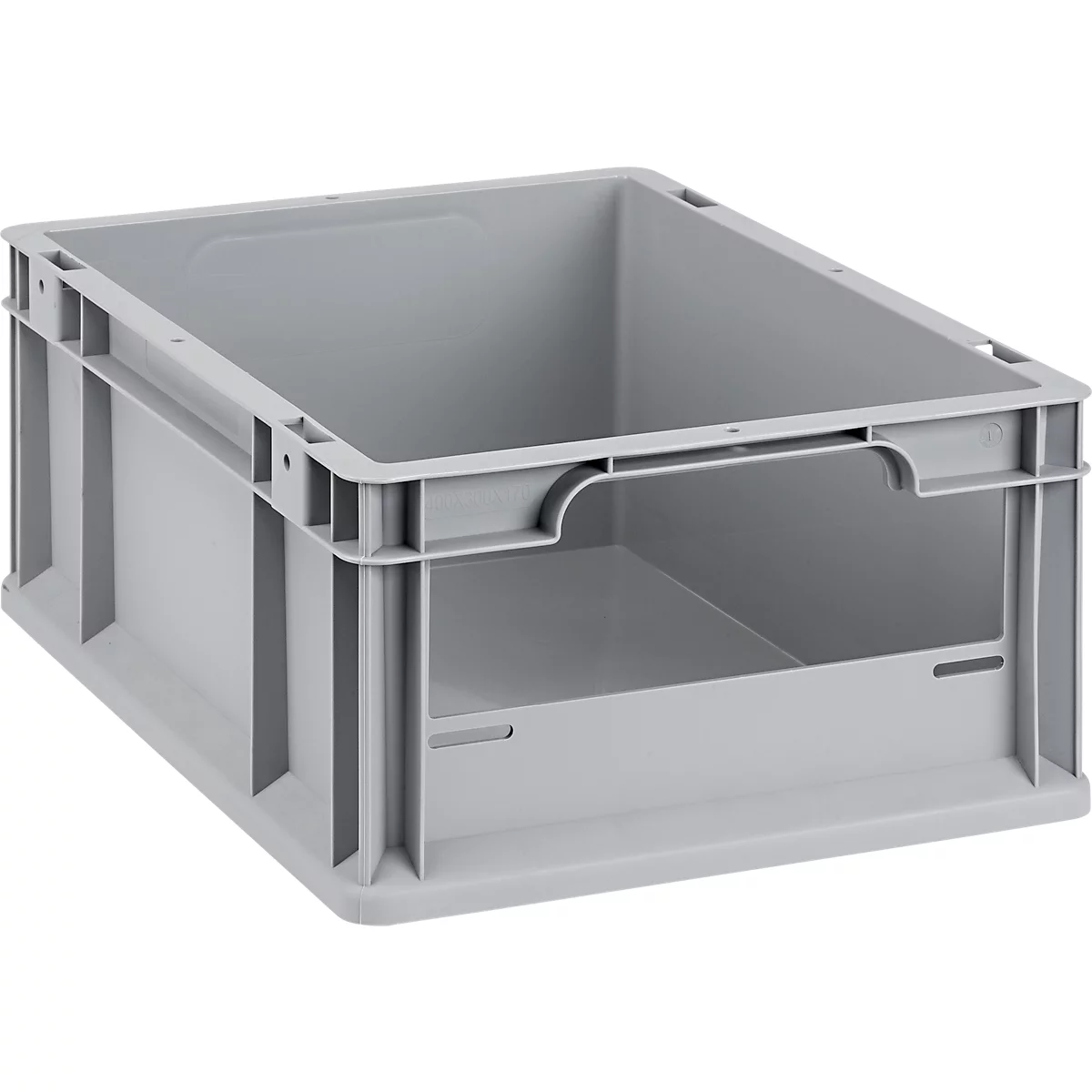 Boîte de rangement en plastique gris avec face avant ouverte sur fond blanc.