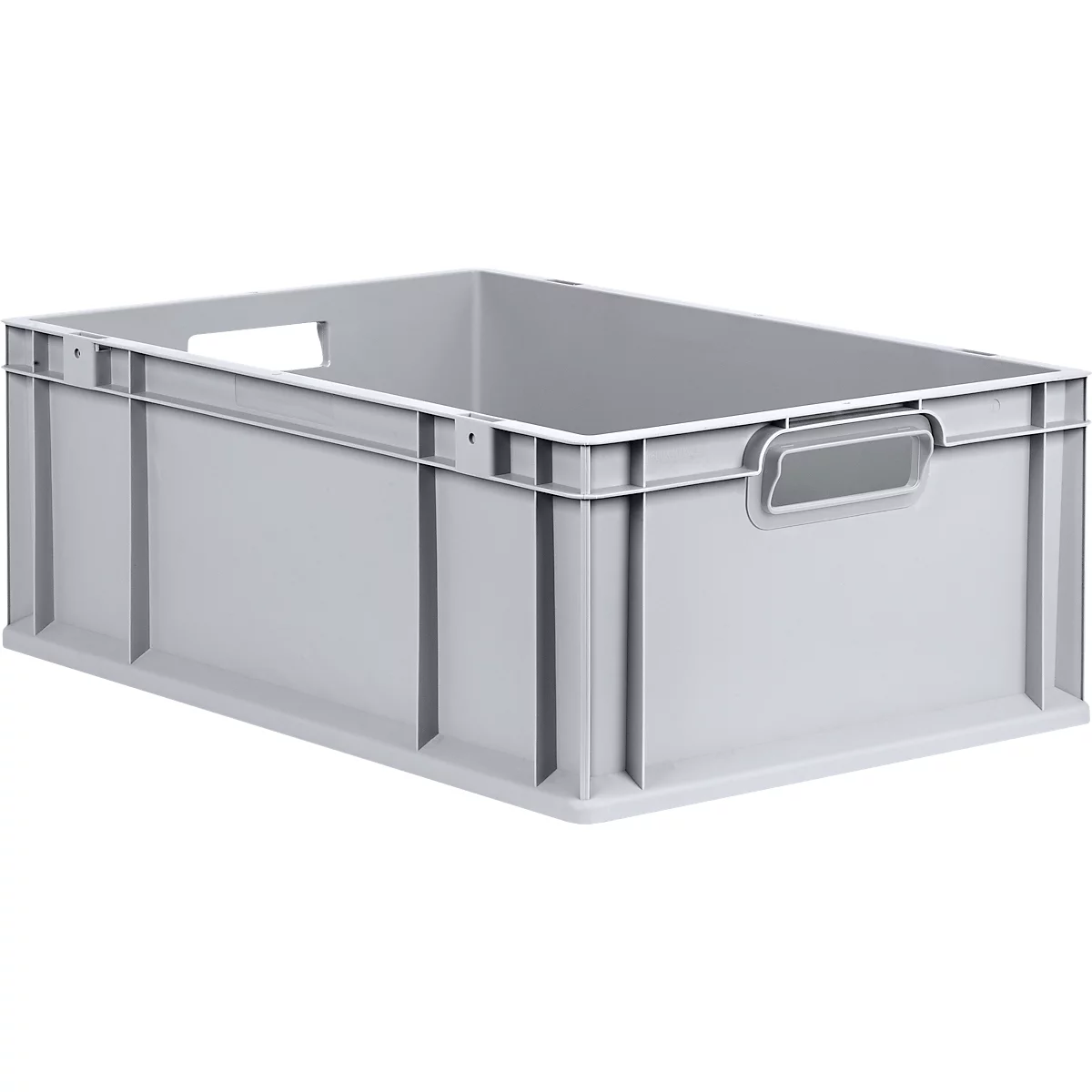 Bac gerbable rectangulaire en plastique gris avec parois latérales robustes et poignées.