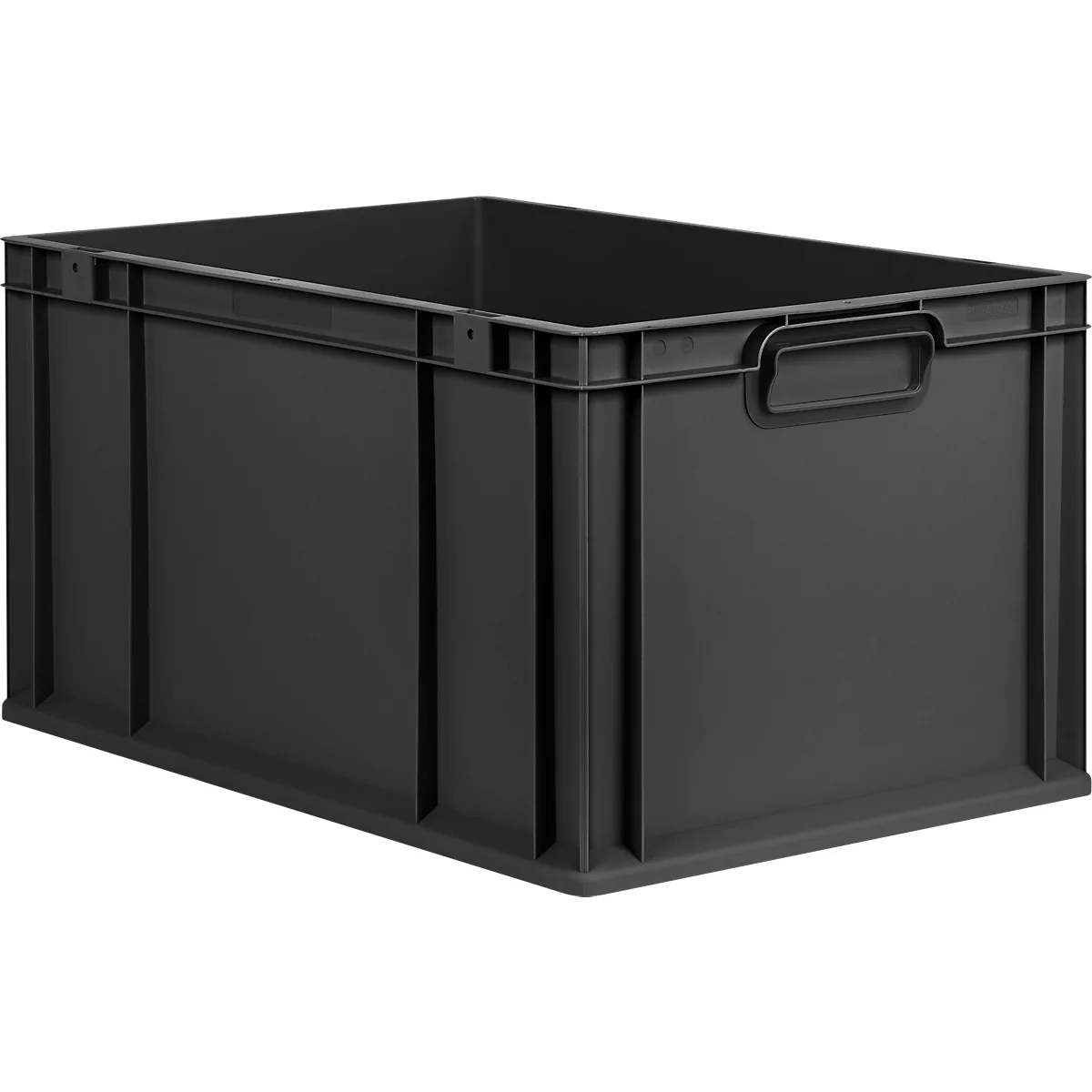 Un bac de stockage rectangulaire en plastique noir avec des parois latérales robustes et des poignées.