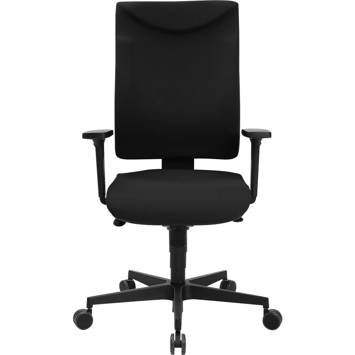 Chaise de bureau noire, vue de face, avec accoudoirs et roulettes.