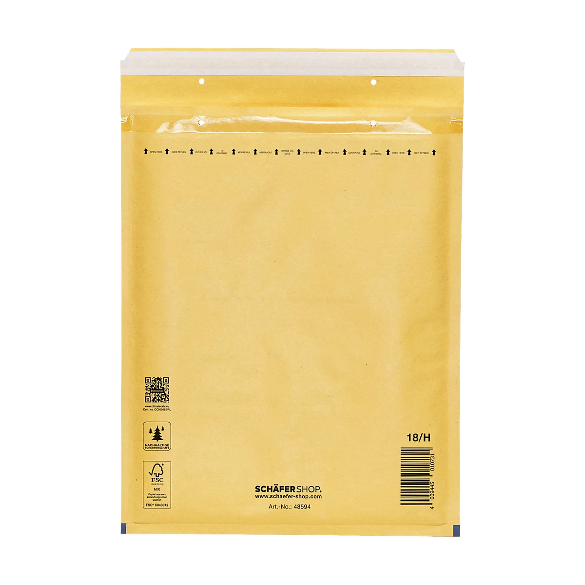 Sobre de burbujas amarillo con cierre blanco. Logotipos impresos y código de barras.