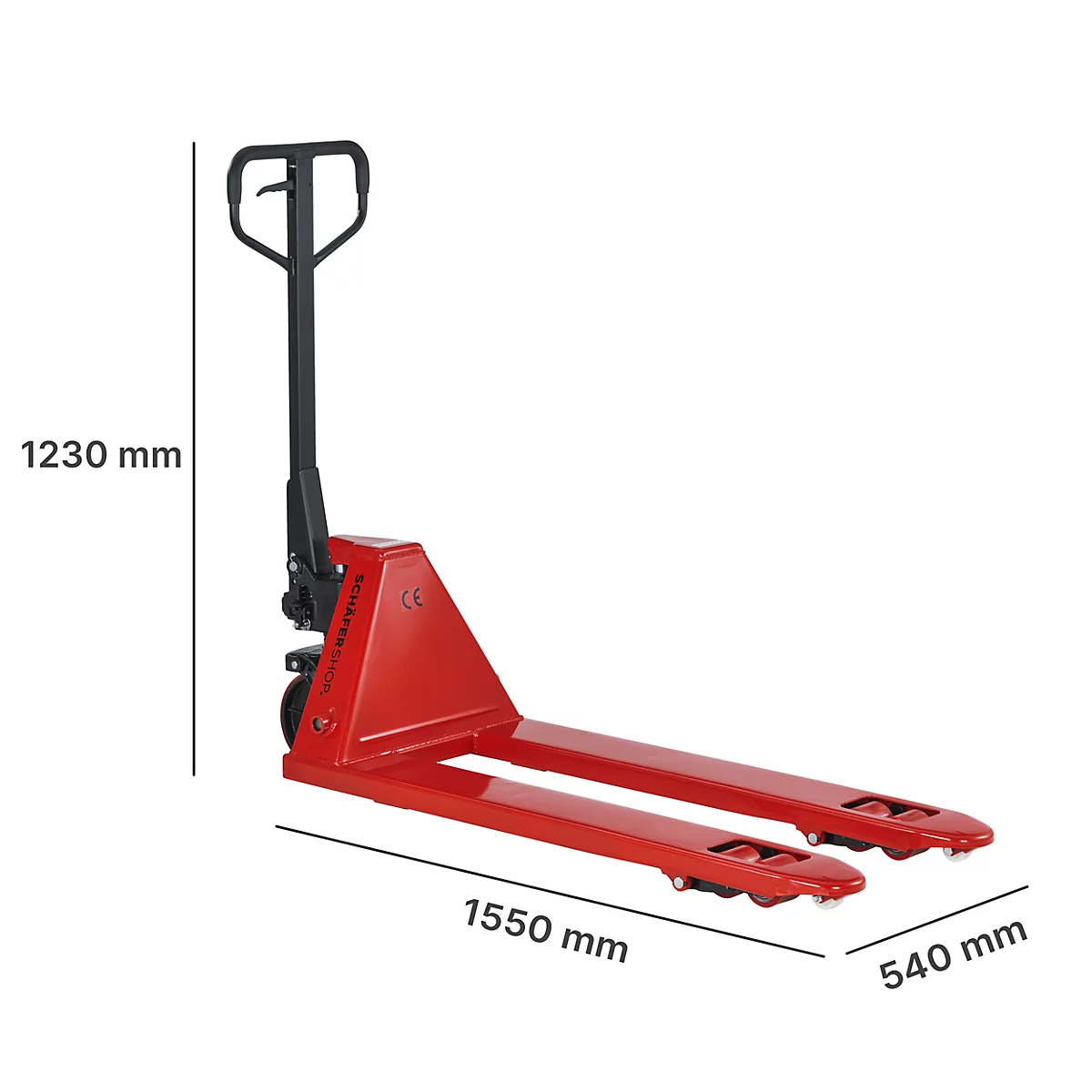 Chariot élévateur rouge avec dimensions. Hauteur 1230 mm, longueur 1550 mm, largeur 540 mm. Timon et roues noirs.