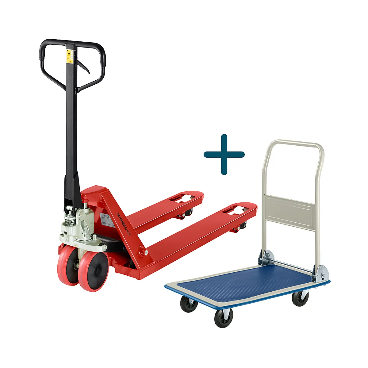 Transpalette rouge et chariot de transport bleu, signe plus.