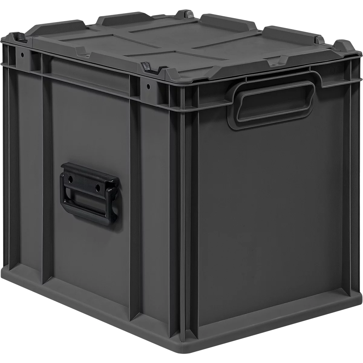 Caisse en plastique grise et robuste avec couvercle et poignées latérales sur fond blanc.