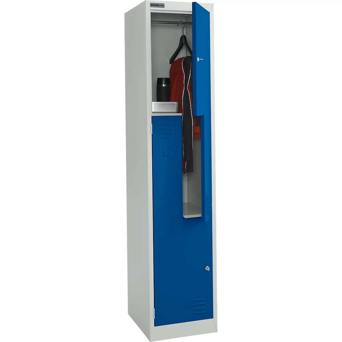 Schäfer Shop Vestiaire Select, 2 compartiments avec tablette supérieure &amp; tringle à vêtements ainsi que 2 casiers, portes en Z, serrure à cylindre, avec socle, L 400 x P 450 x H 1850 mm, acier revêtu par poudre, gris clair/bleu gentiane