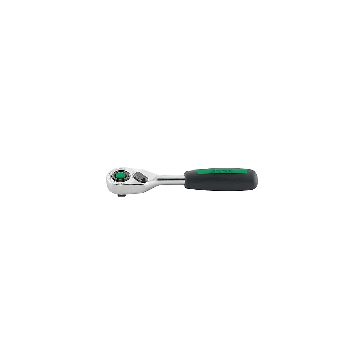 Chroom ratel met groene knop en zwarte handgreep.