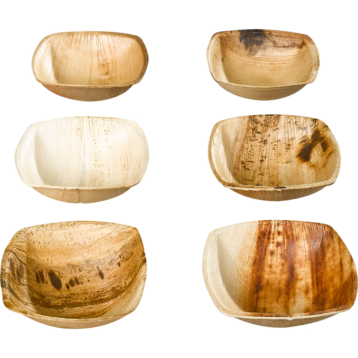 Sechs ovale Schalen aus Naturmaterialien, vor weißem Hintergrund, in verschiedenen Farbnuancen von hellbraun bis dunkelbraun.