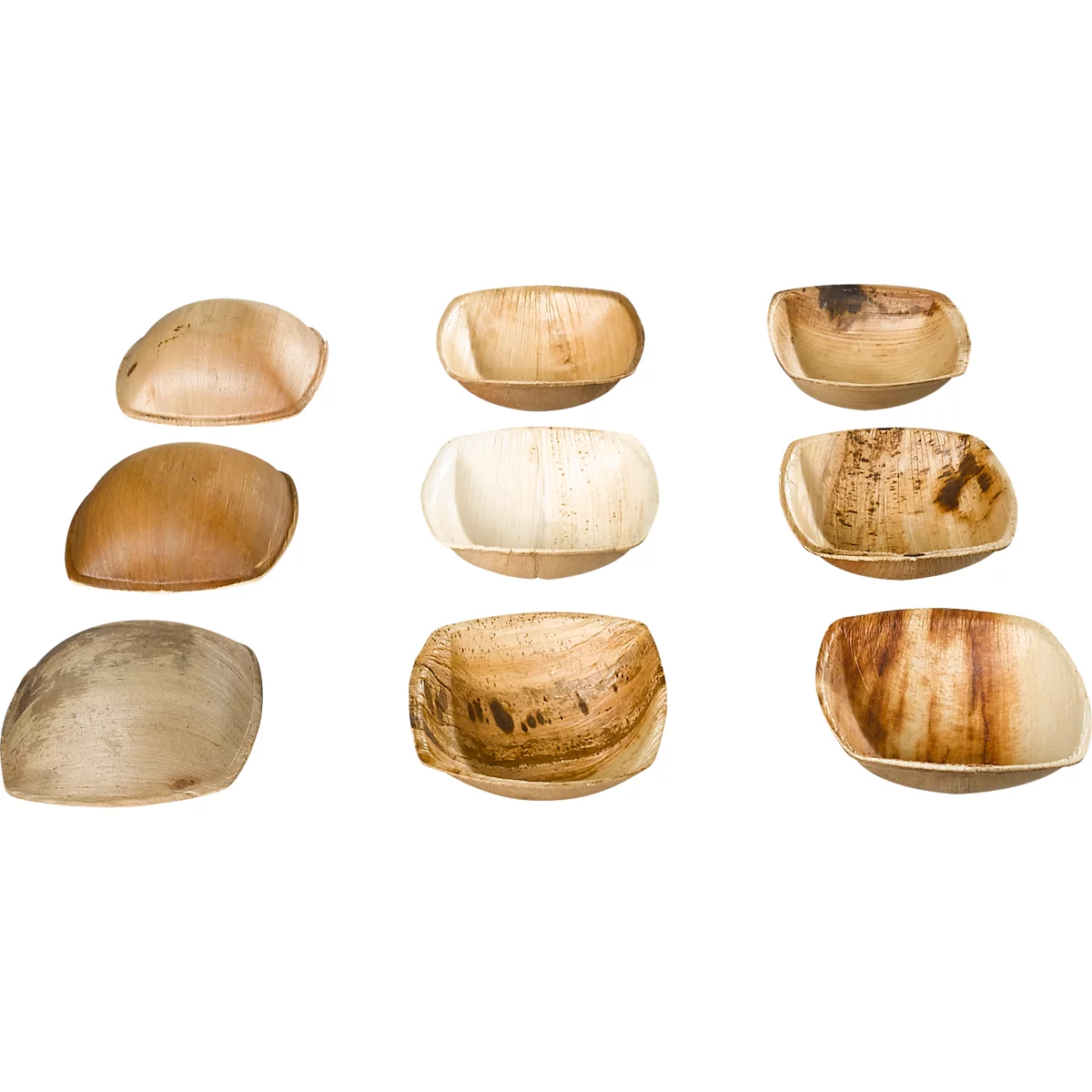 Neun kleine, quadratische Schalen aus Holz. Einige sind hell, andere dunkel mit Maserung.