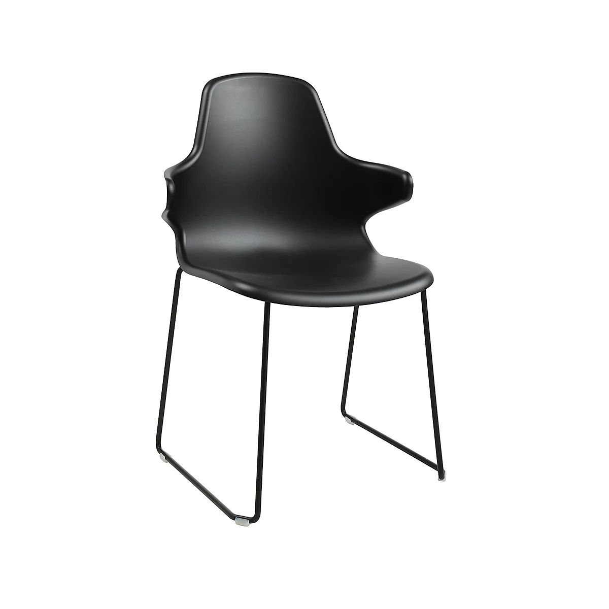 Schalenstuhl Topstar T2020, Kufengestell, ergonomische Sitzschale, stapelbar bis 4 Stück, Sitzhöhe 450 mm, 2er-Set, mit Armlehnen, schwarz/schwarz