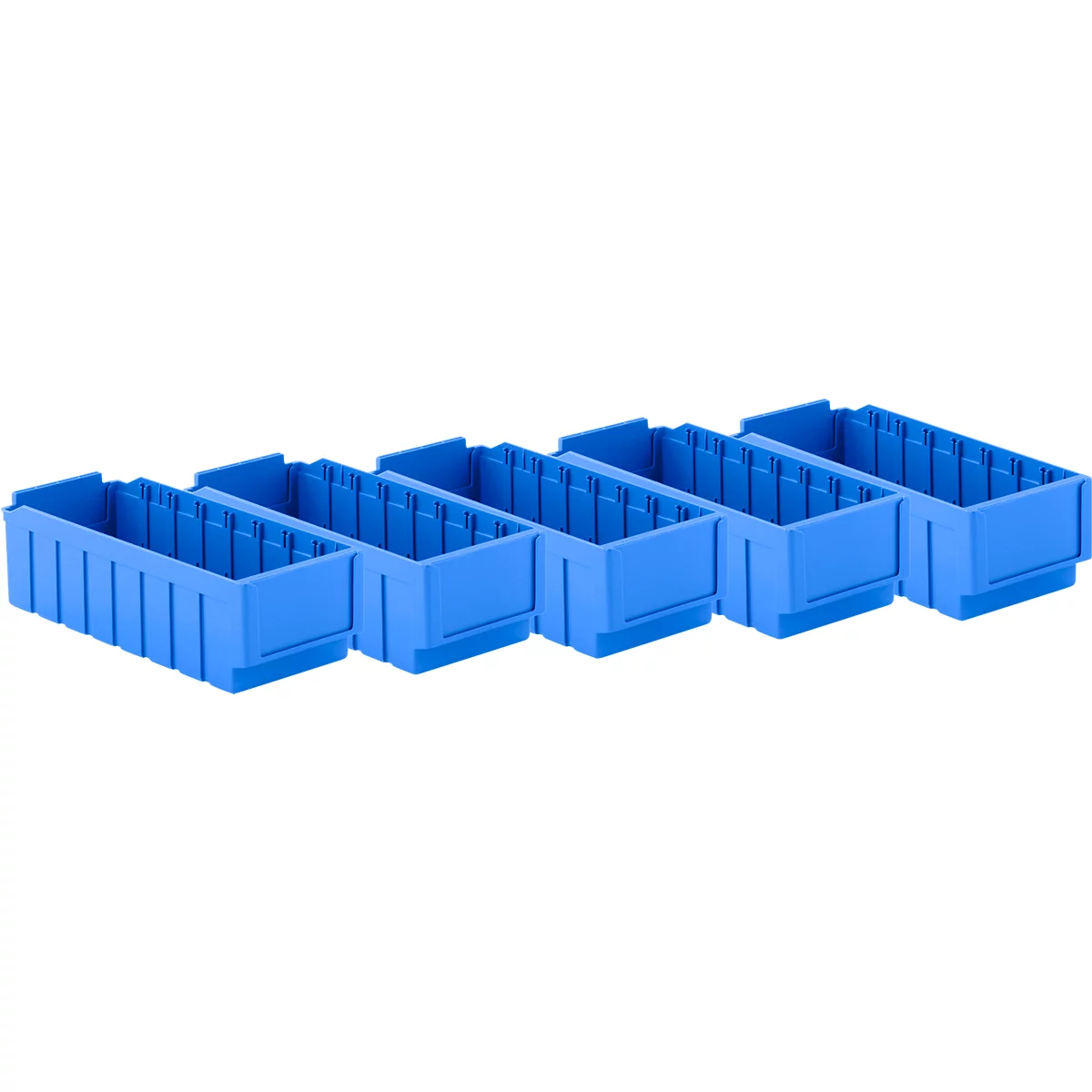 Vijf blauwe plastic containers, waarvan één gedeeltelijk wordt bedekt.