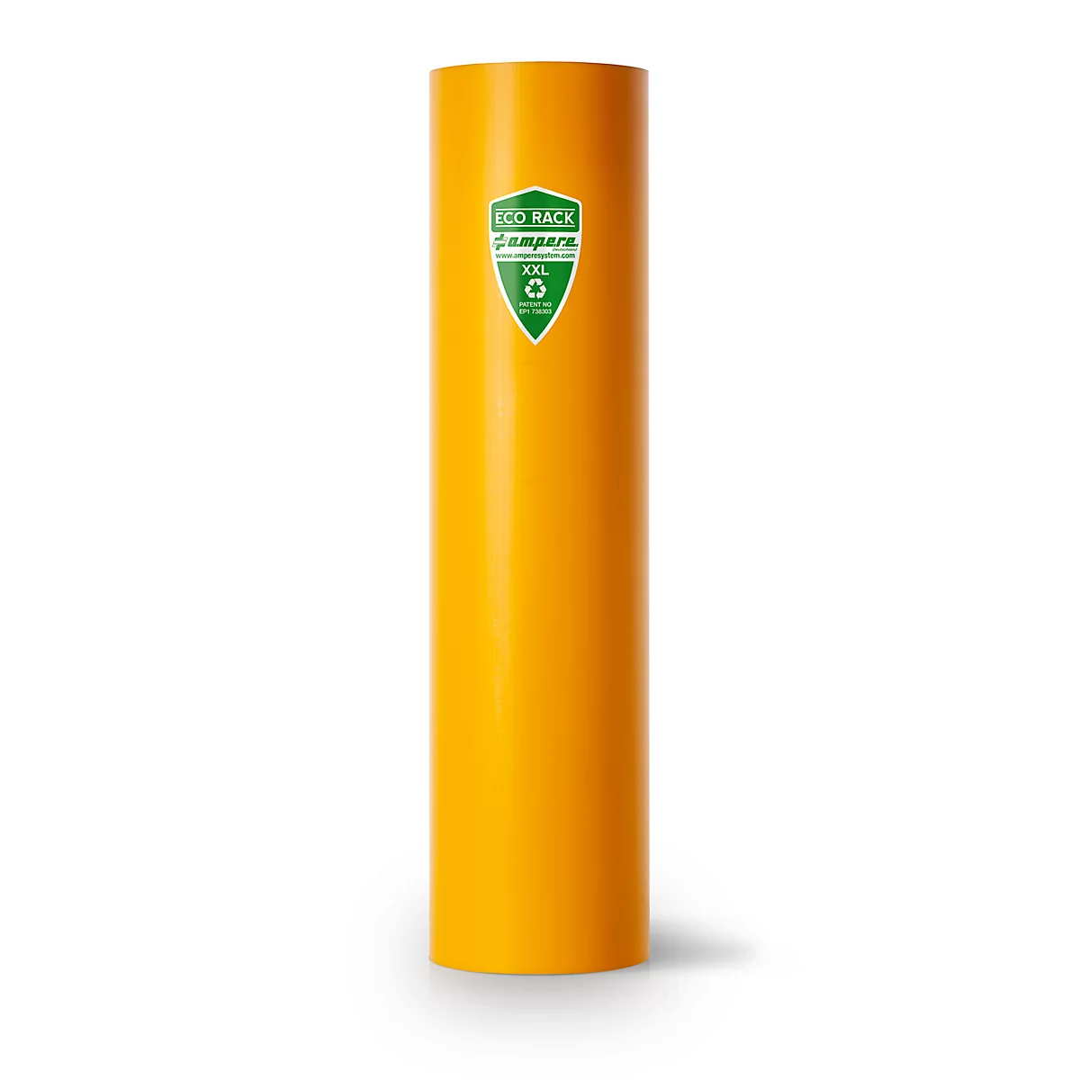 Gele cilindrische afvalbak met een groen logo.