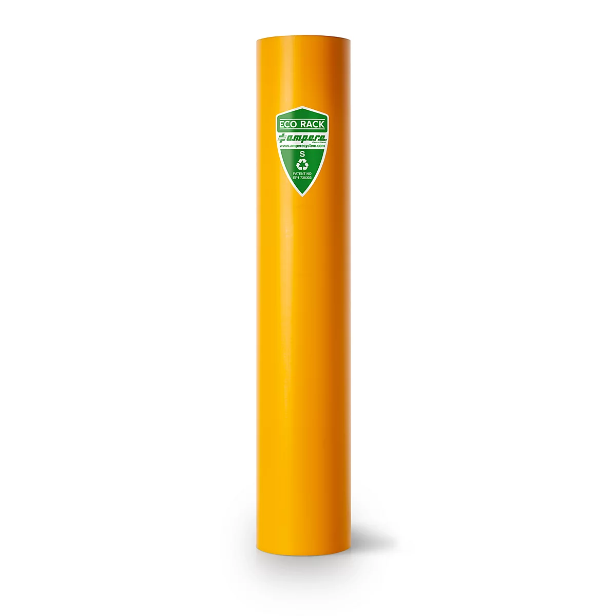 Gele cilindrische paal met een groen schild. Op het schild staat "Eco Rack". Onder de tekst staat het recycling symbool.