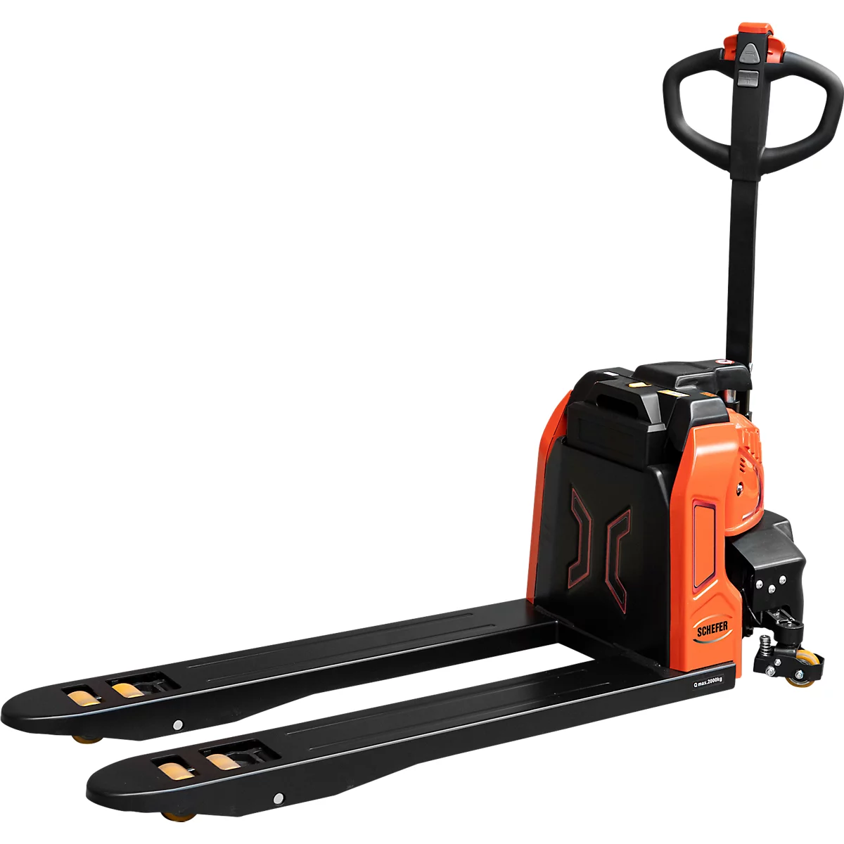 Electric pallet truck, orange and black, against a white background. Details: forks, handle, motor.
