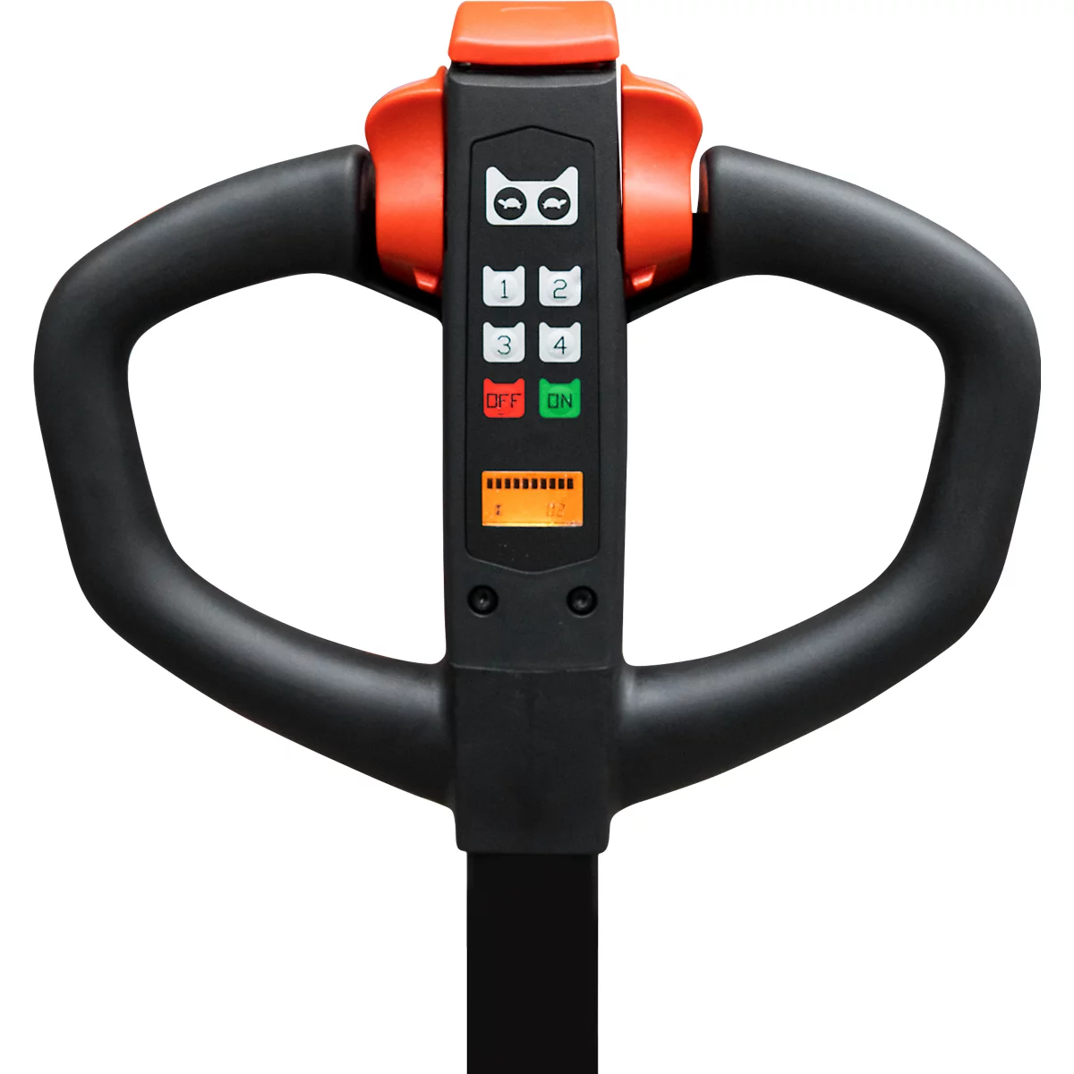 A black handle with orange elements and buttons, including the numbers 1-4.